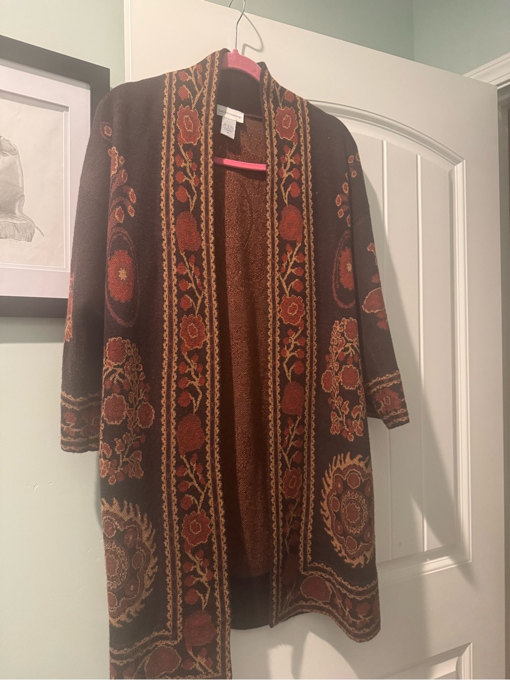 Soft Surroundings Brown Open-Front Floral Knit Cardigan